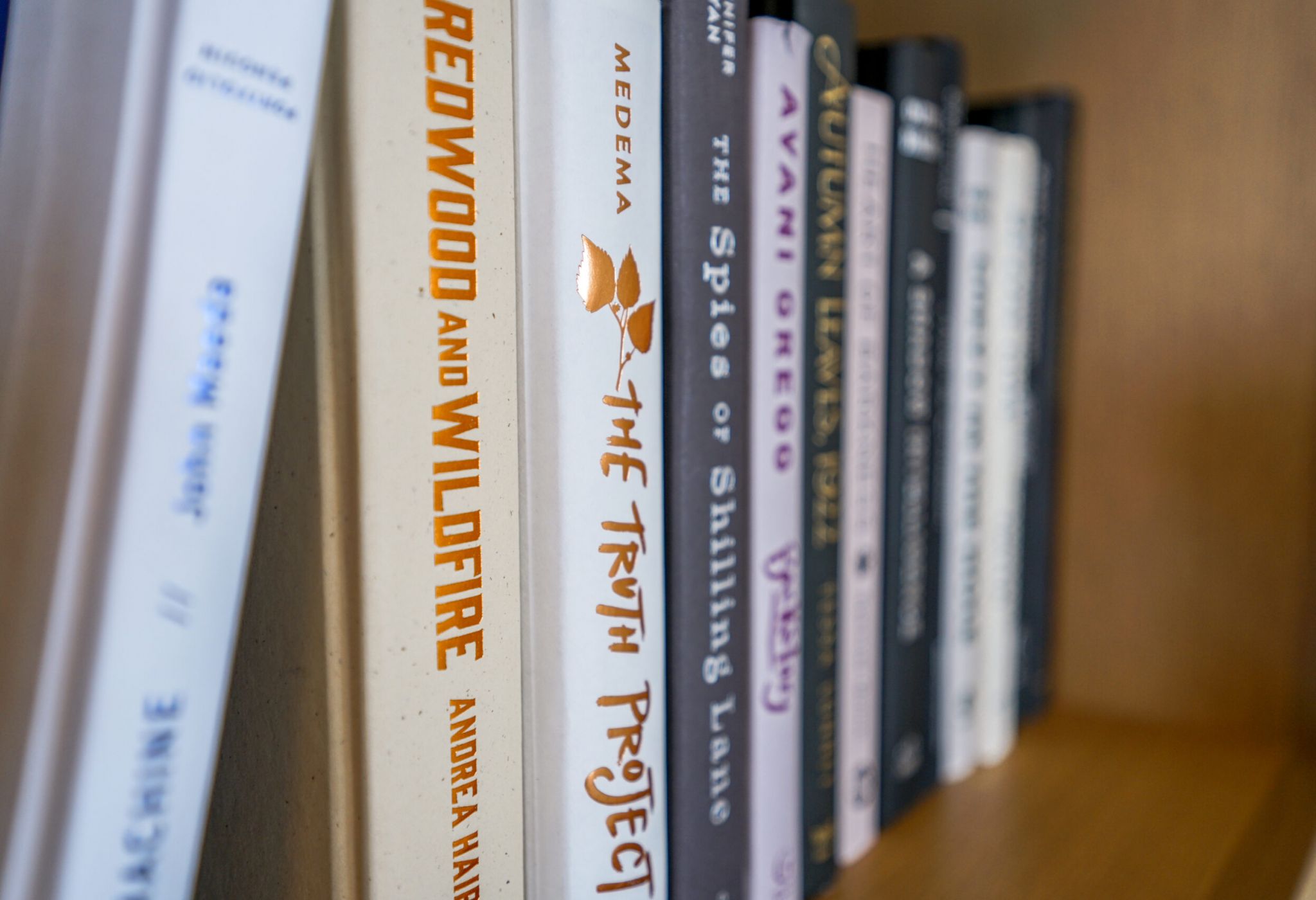 Close-up of various books lined up on a wooden shelf, displaying a range of titles and authors.